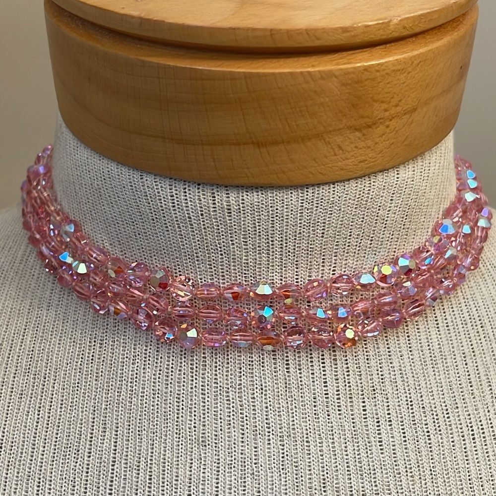 Vintage Three Strand Pink AB Crystal Necklace - Choker - Picture 6 of 16
